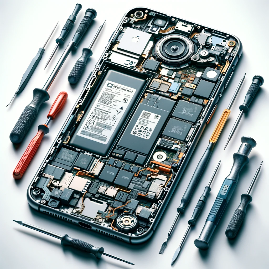 Mobile phone being repaired with tools